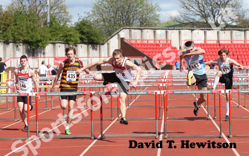 Johnny Wilkinson (Gateshead) wins the under-17 100 metres hurdles, 2012 North Eastern Championships.